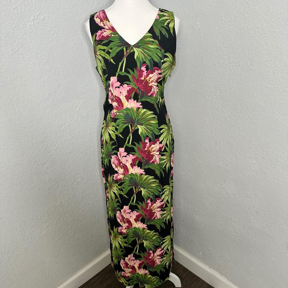 Vintage Ilyse Hart Tropical Floral Rayon Maxi Dress 80s-90s Resort Vibes Size 8